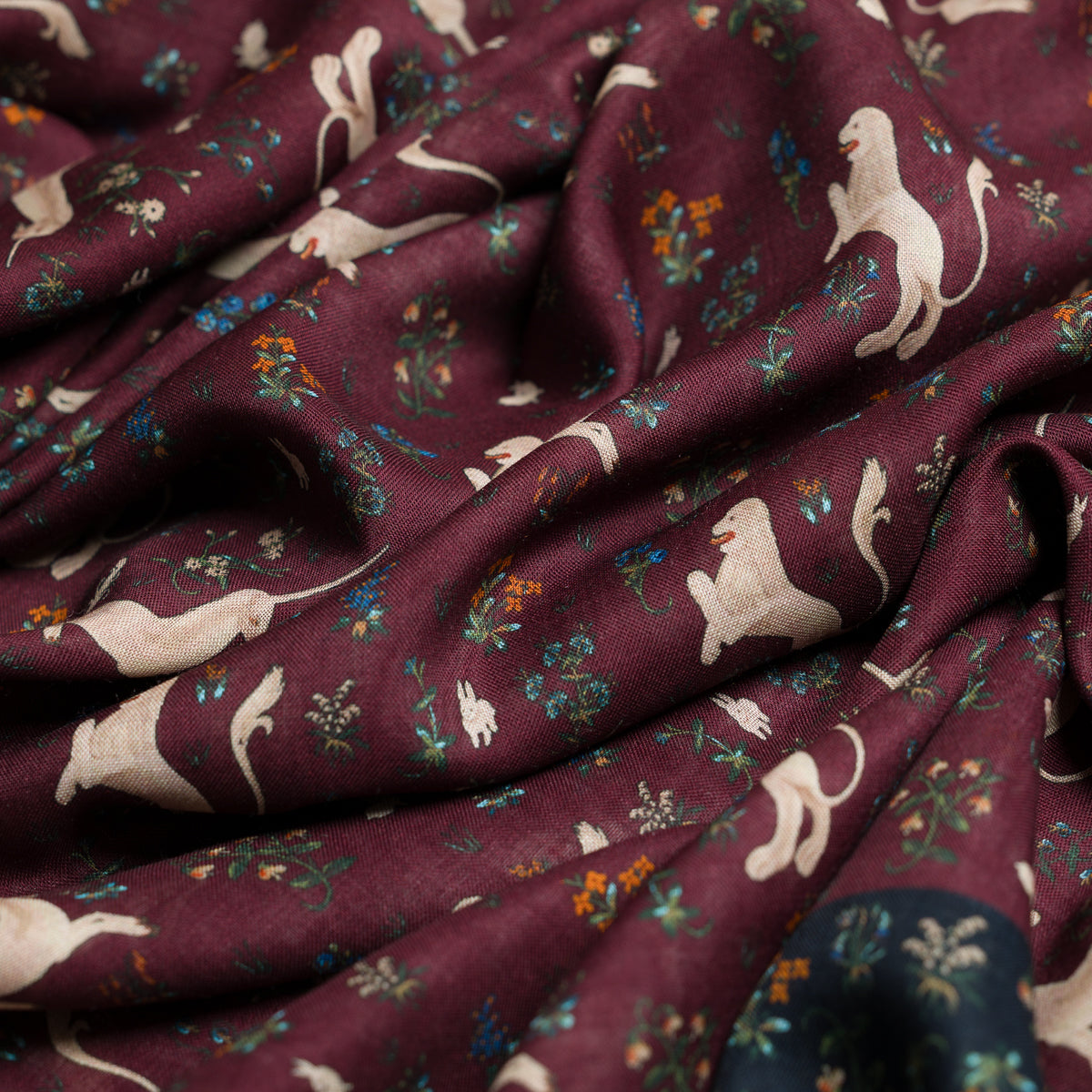 Animal Motif Wool / Silk Scarf - Burgundy