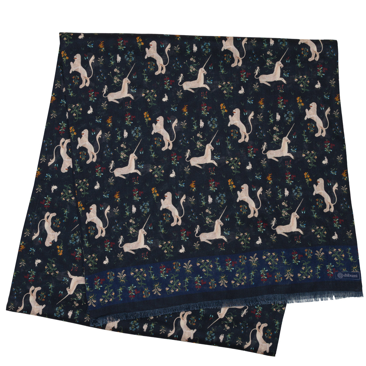 Animal Motif Wool / Silk Scarf - Navy