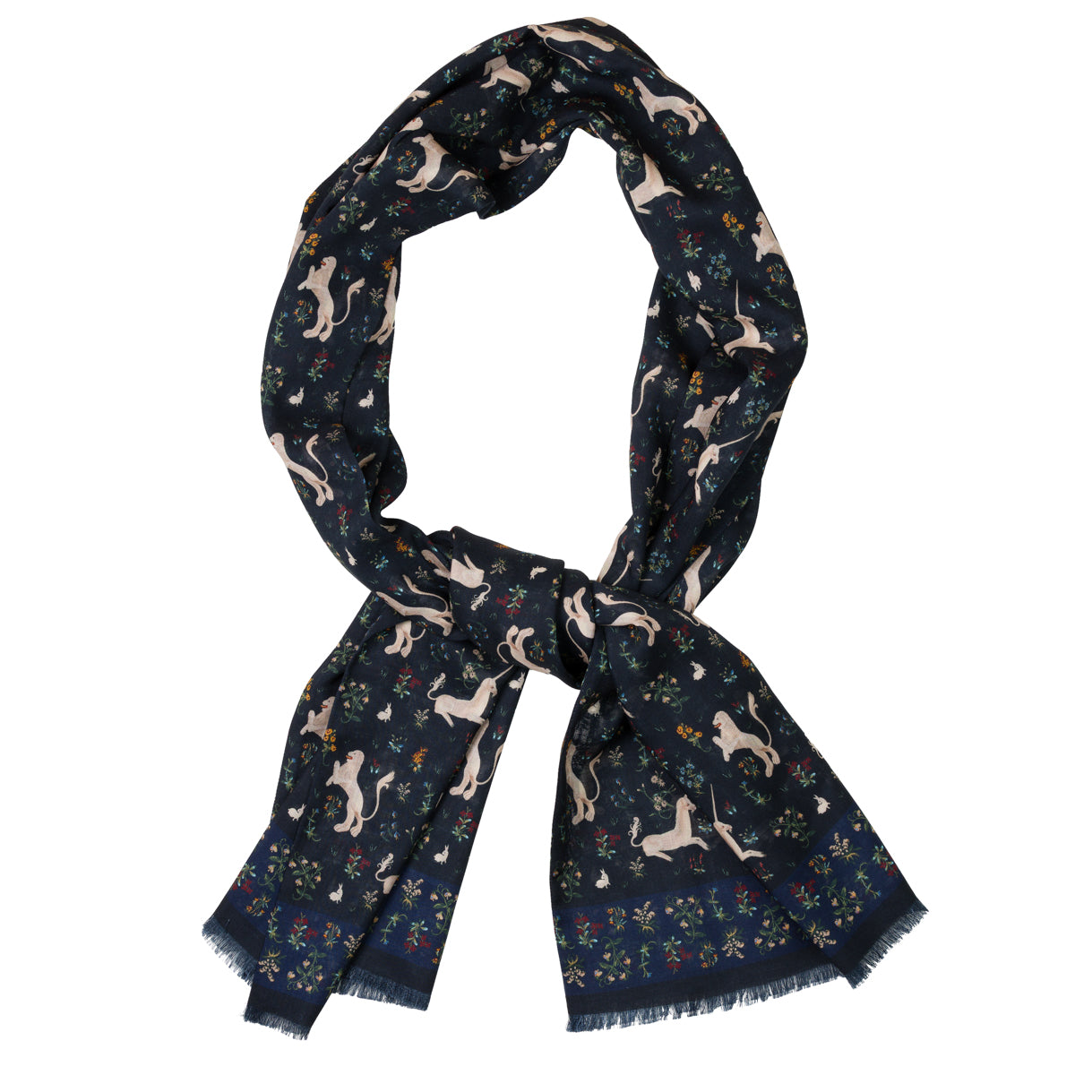 Animal Motif Wool / Silk Scarf - Navy