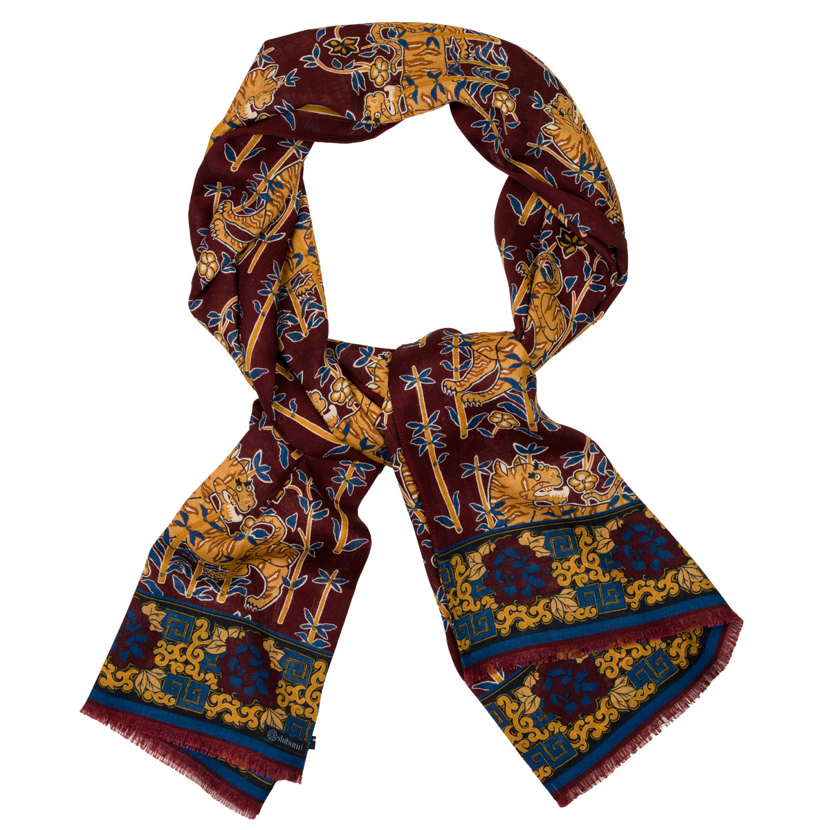 Tiger Motif Wool / Silk Scarf - Burgundy