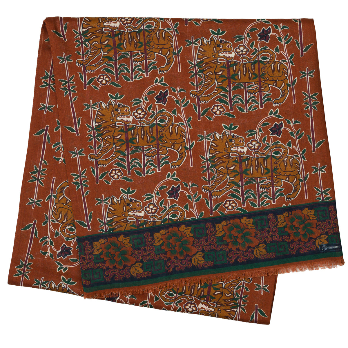 Tiger Motif Wool / Silk Scarf - Rust