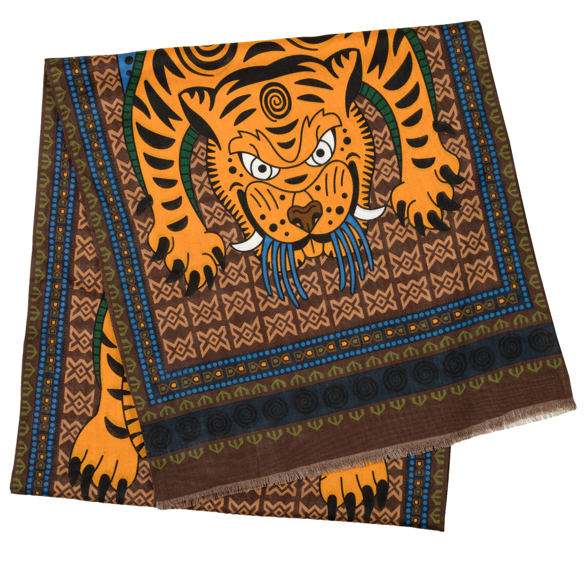 Tiger Motif Wool / Silk Scarf - Brown