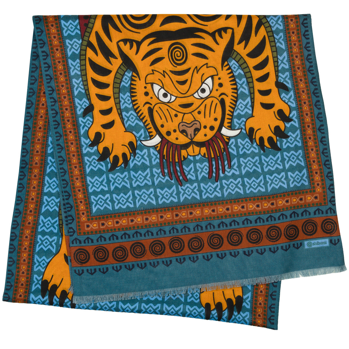 Tiger Motif Wool / Silk Scarf - Air Force Blue