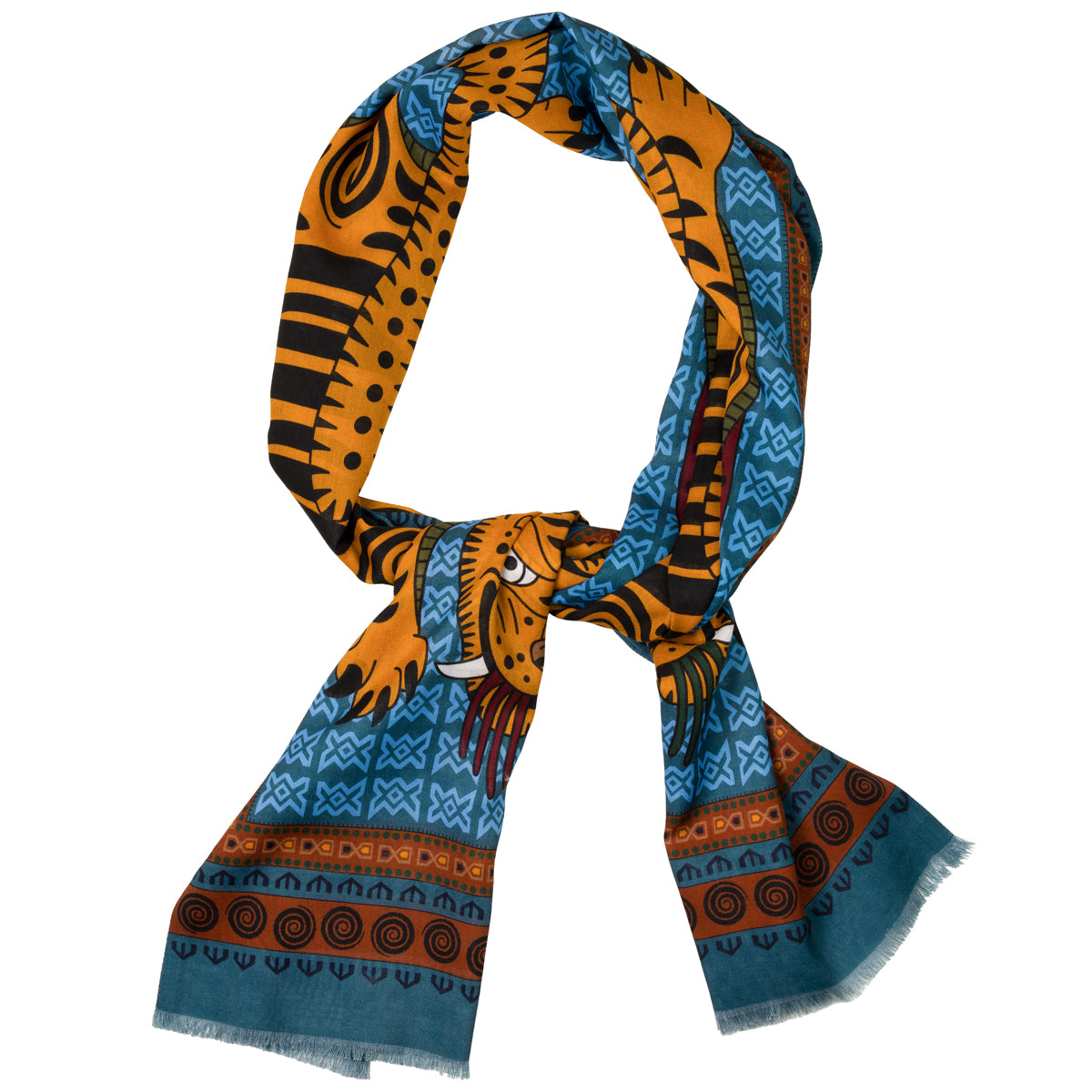 Tiger Motif Wool / Silk Scarf - Air Force Blue
