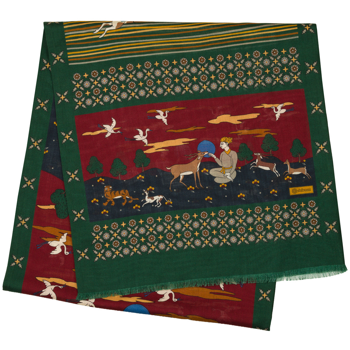 Animal Motif Wool / Silk Scarf - Forest Green