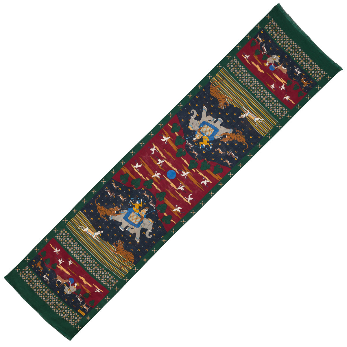 Animal Motif Wool / Silk Scarf - Forest Green