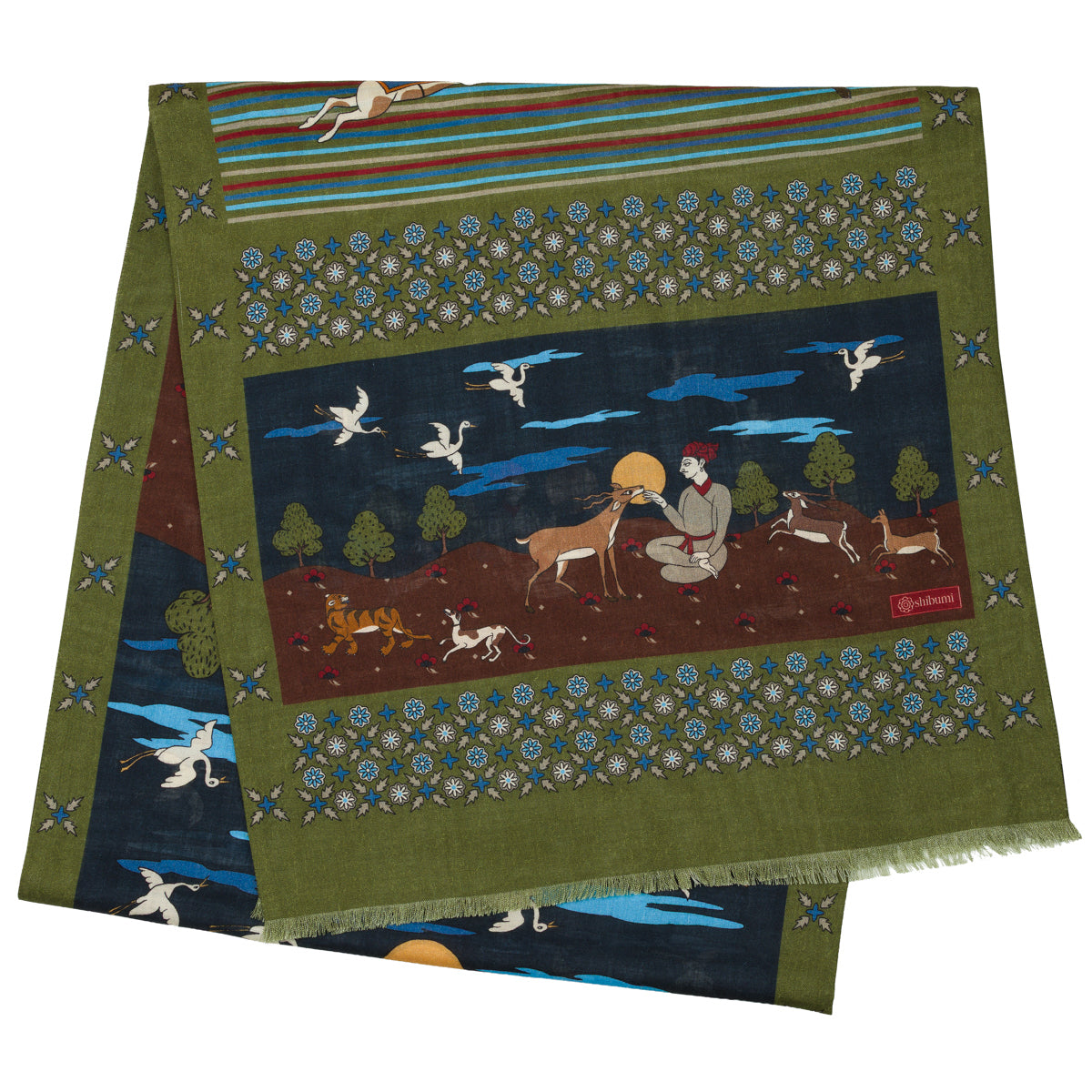 Animal Motif Wool / Silk Scarf - Olive