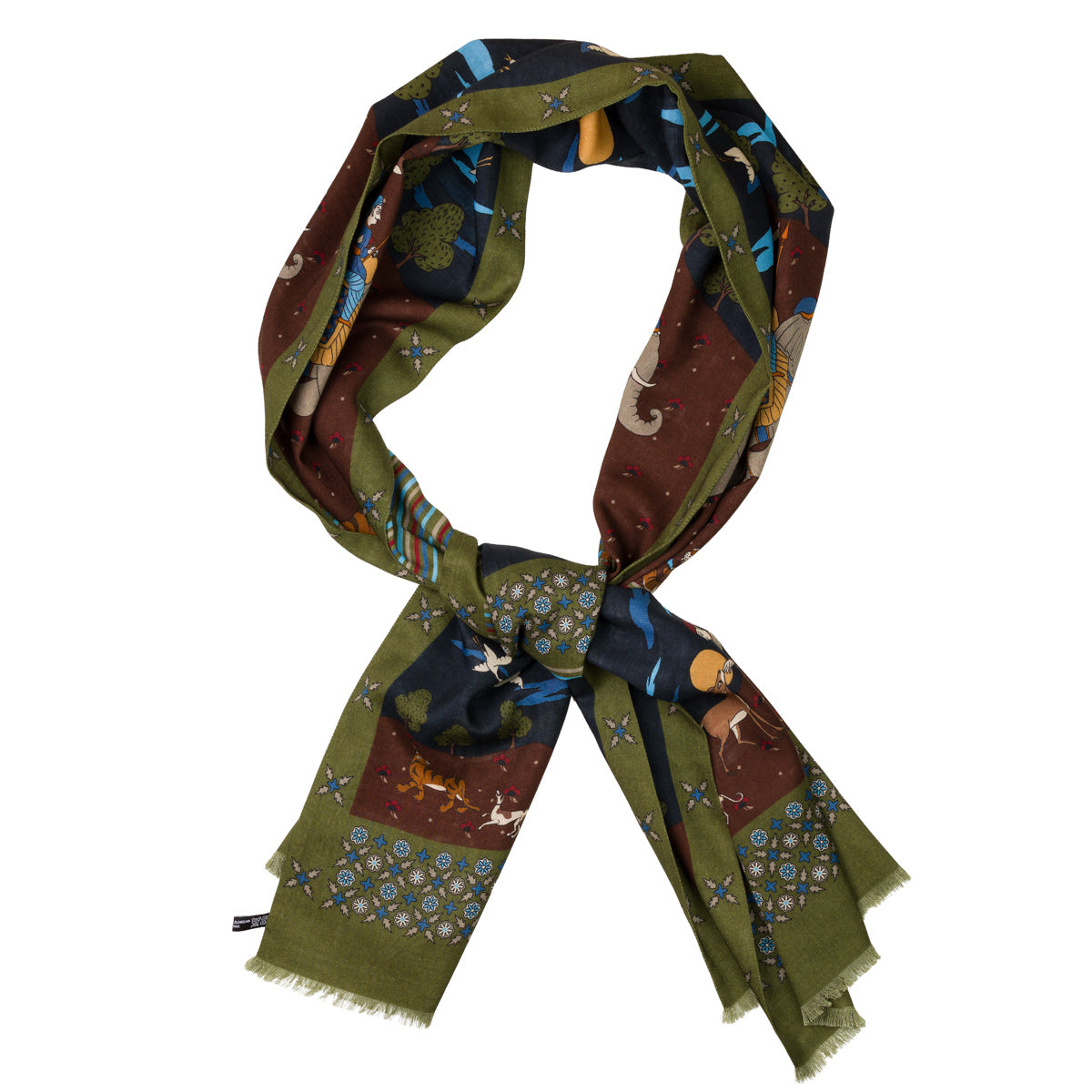 Animal Motif Wool / Silk Scarf - Olive