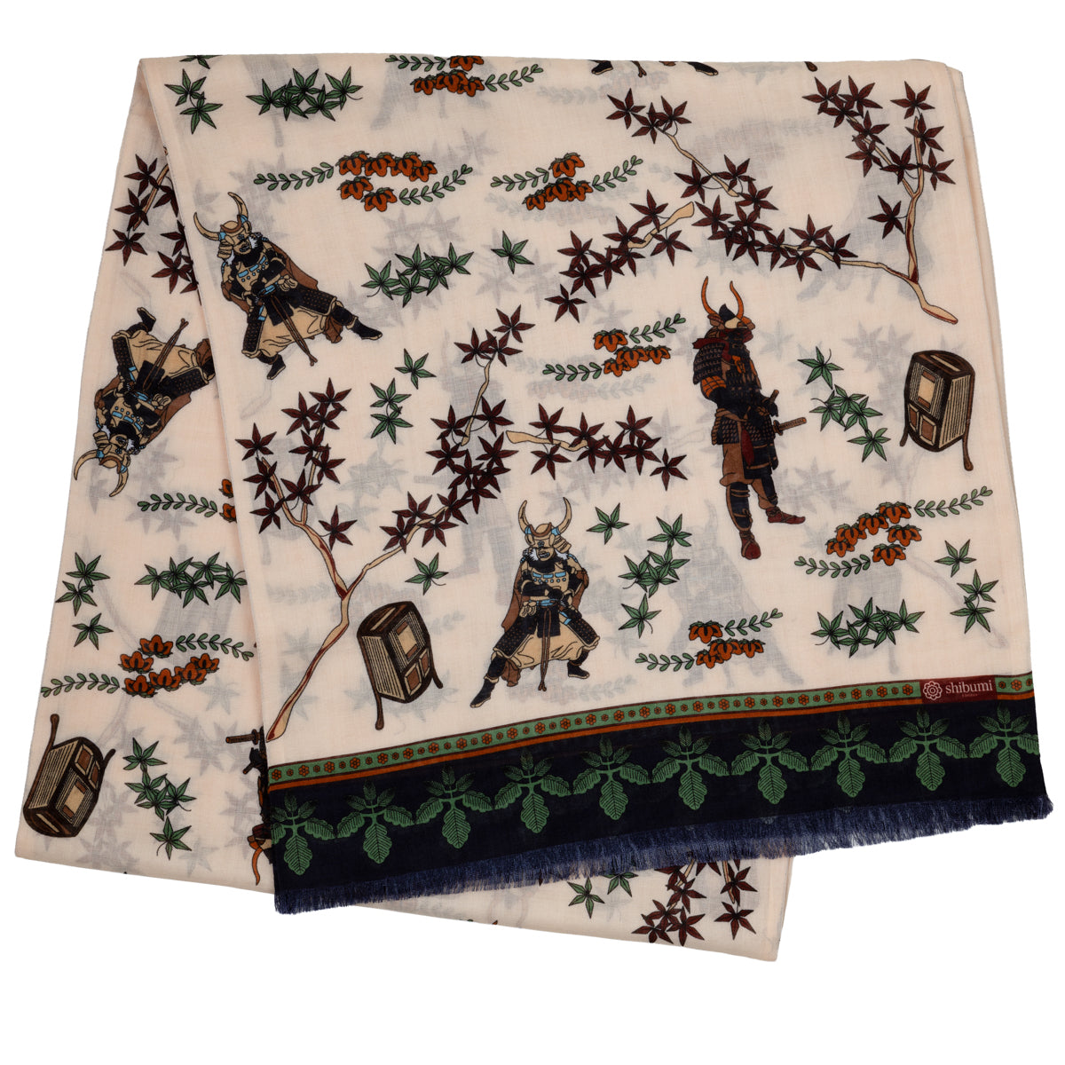 Samurai Motif Wool / Silk Scarf - Cream