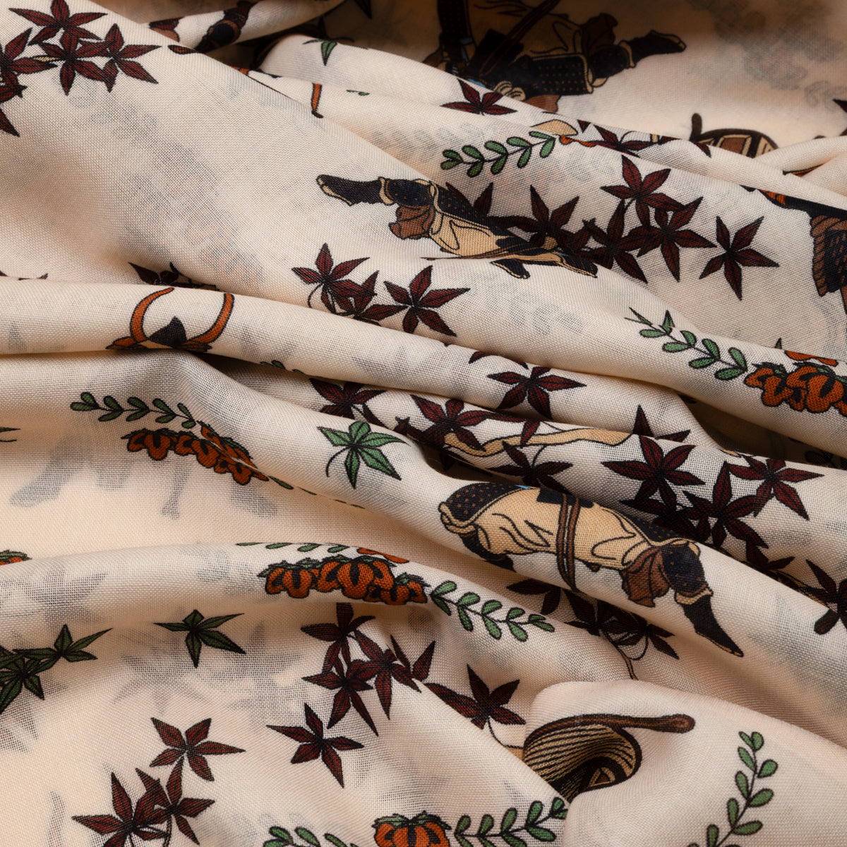 Samurai Motif Wool / Silk Scarf - Cream