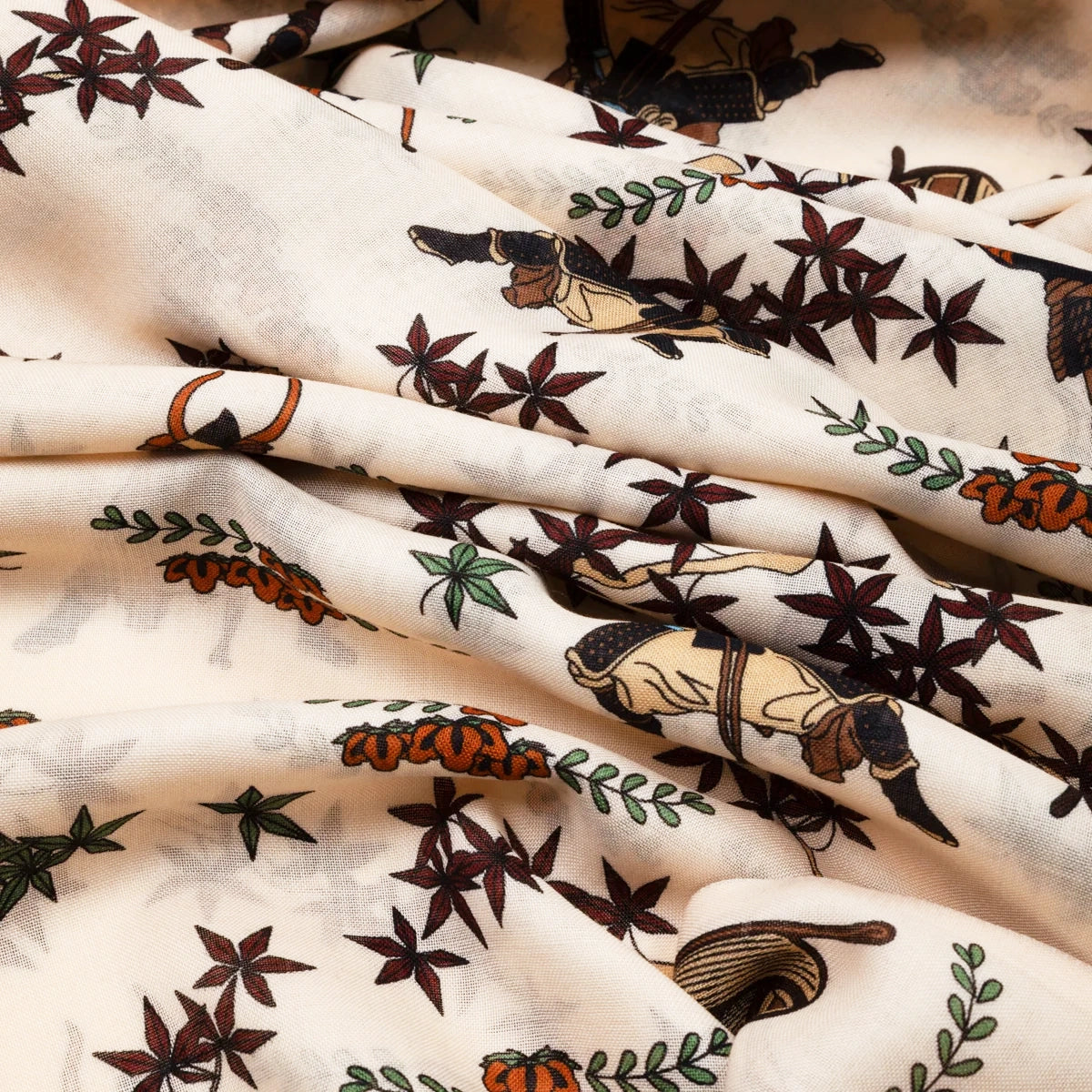 Samurai Motif Wool / Silk Scarf - Cream