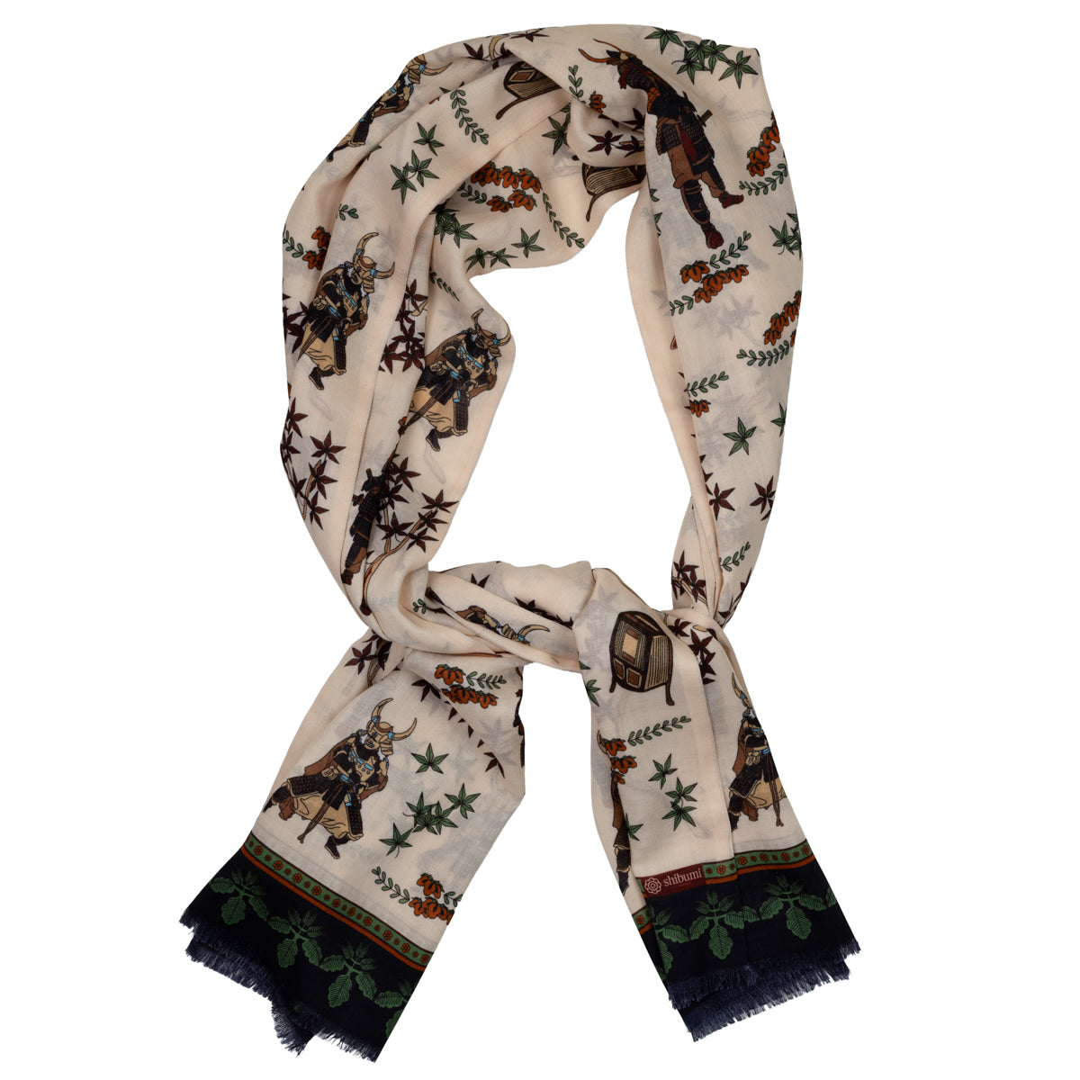 Samurai Motif Wool / Silk Scarf - Cream