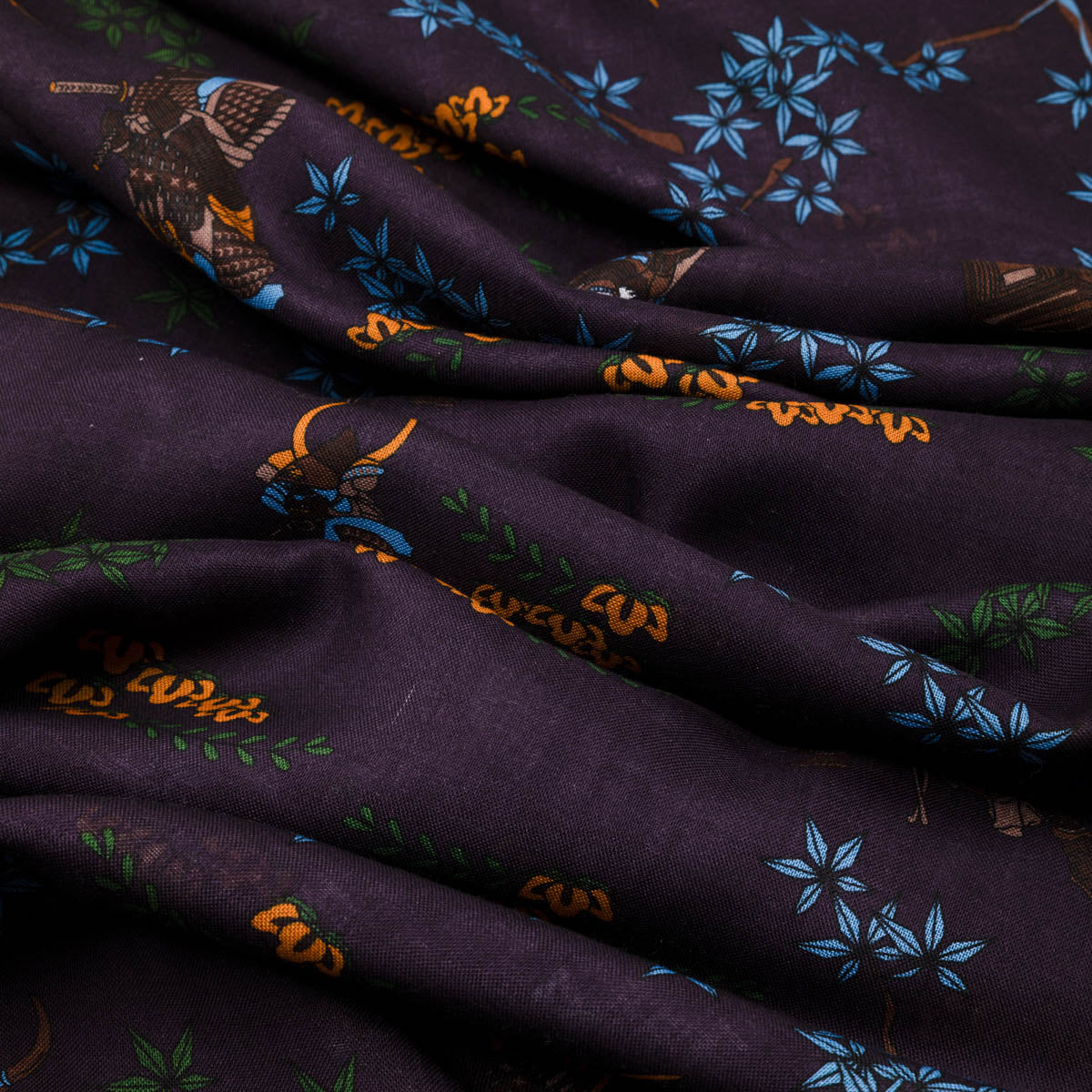 Samurai Motif Wool / Silk Scarf - Eggplant