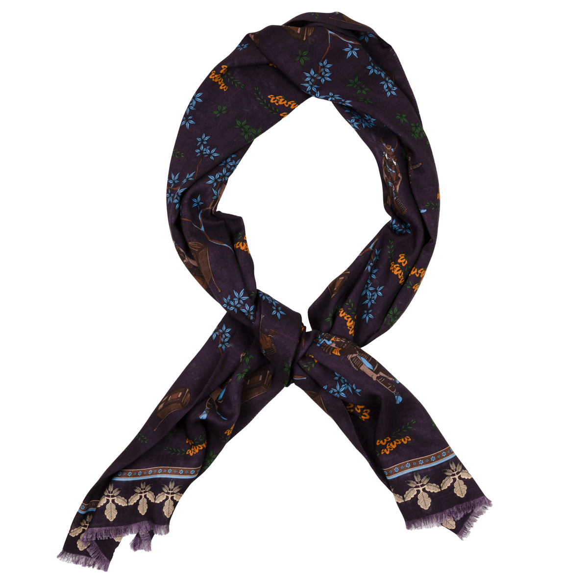 Samurai Motif Wool / Silk Scarf - Eggplant