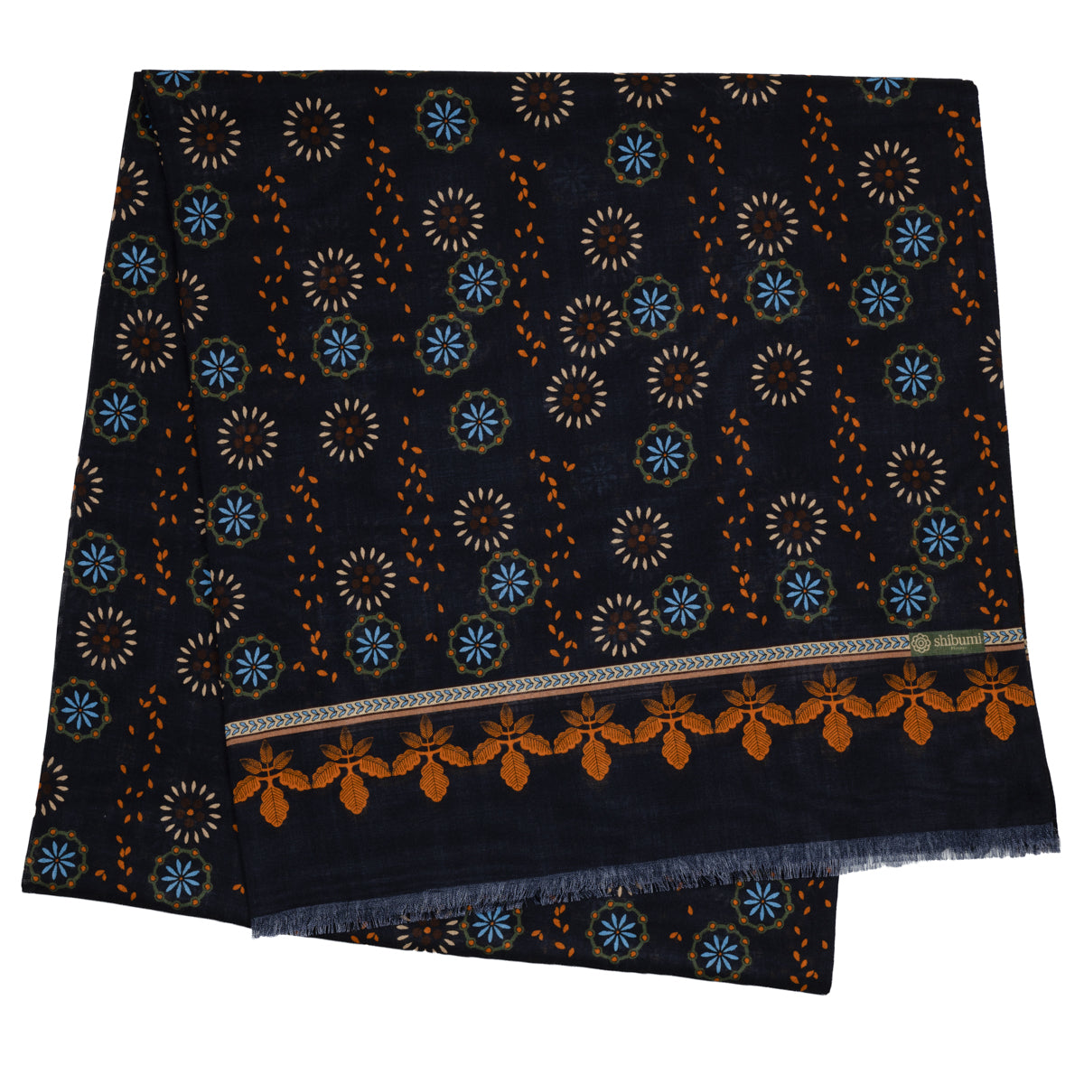 Kimono Motif Wool / Silk Scarf - Navy