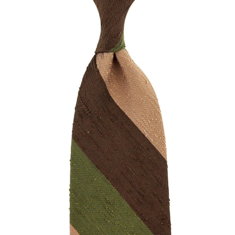 Triple Block Stripe Shantung Silk Tie - Brown / Olive / Beige