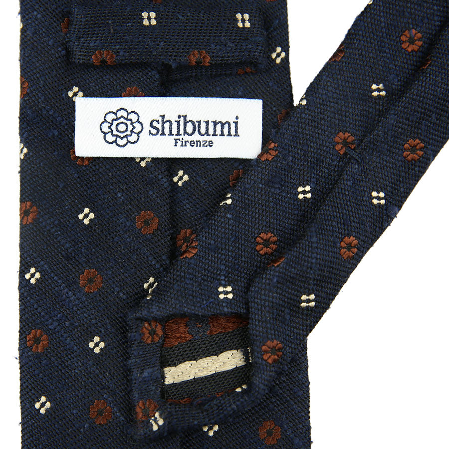 Floral Soft Shantung Silk Tie - Navy - Hand-Rolled