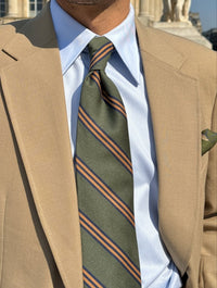 Mogador Striped Silk / Cotton Tie - Olive - Hand-Rolled