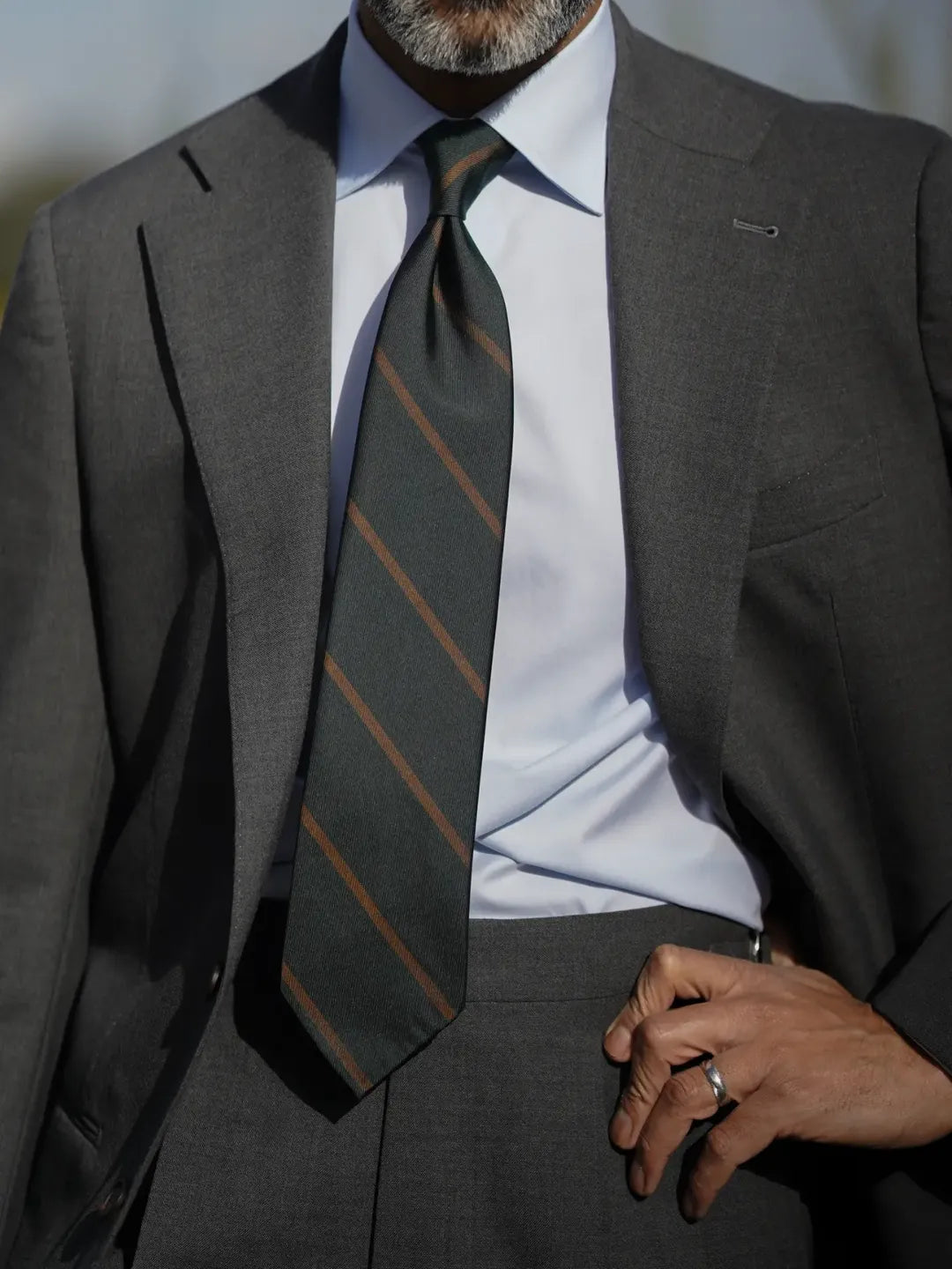 Japanese Repp Stripe Silk Tie - Bottle / Copper