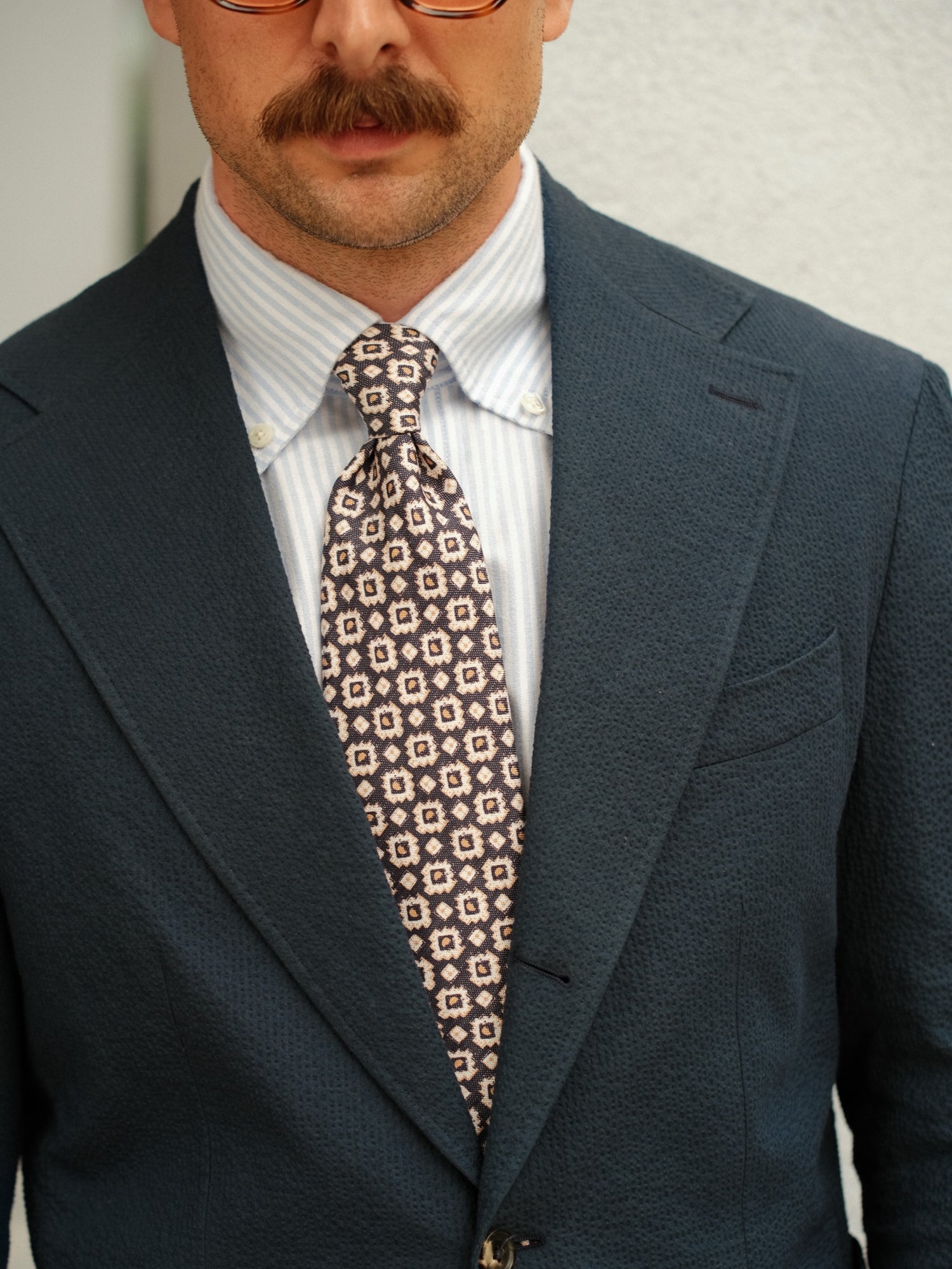 Floral Printed Silk / Linen Tie - Navy - Hand-Rolled