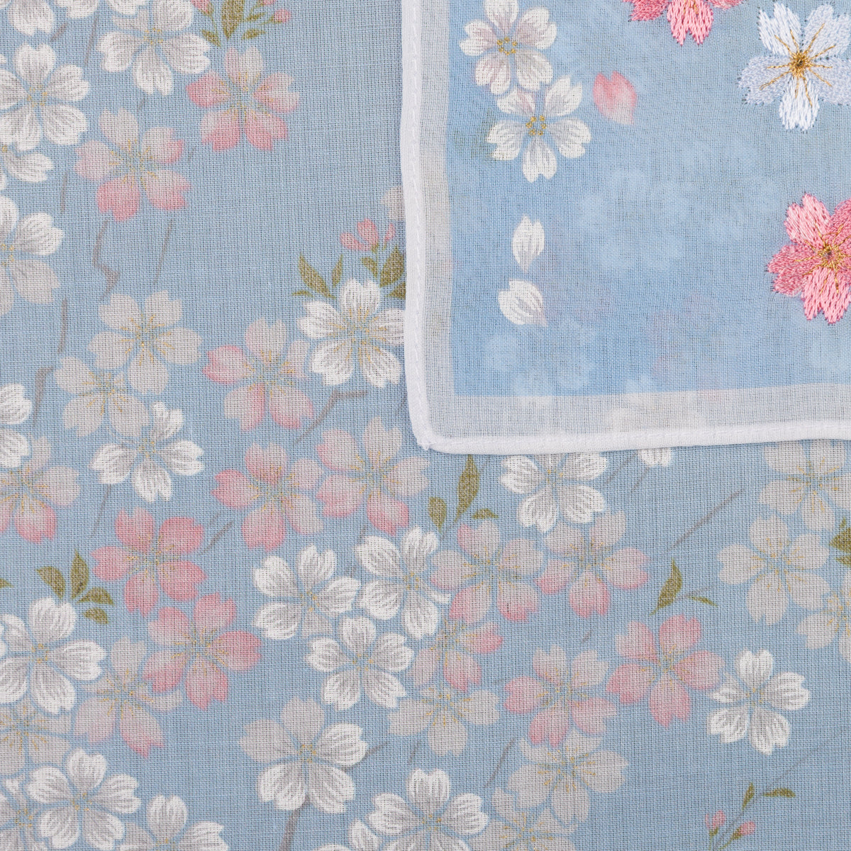 Floral Motif Cotton Handkerchief - Sky
