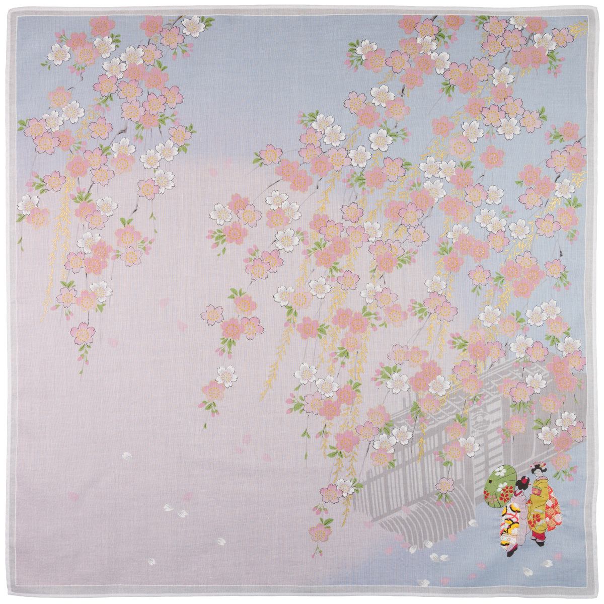 Floral Motif Cotton Handkerchief - Sky / Pink