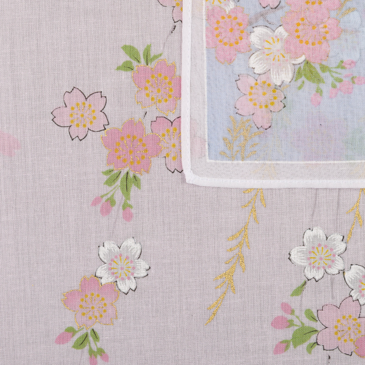 Floral Motif Cotton Handkerchief - Sky / Pink