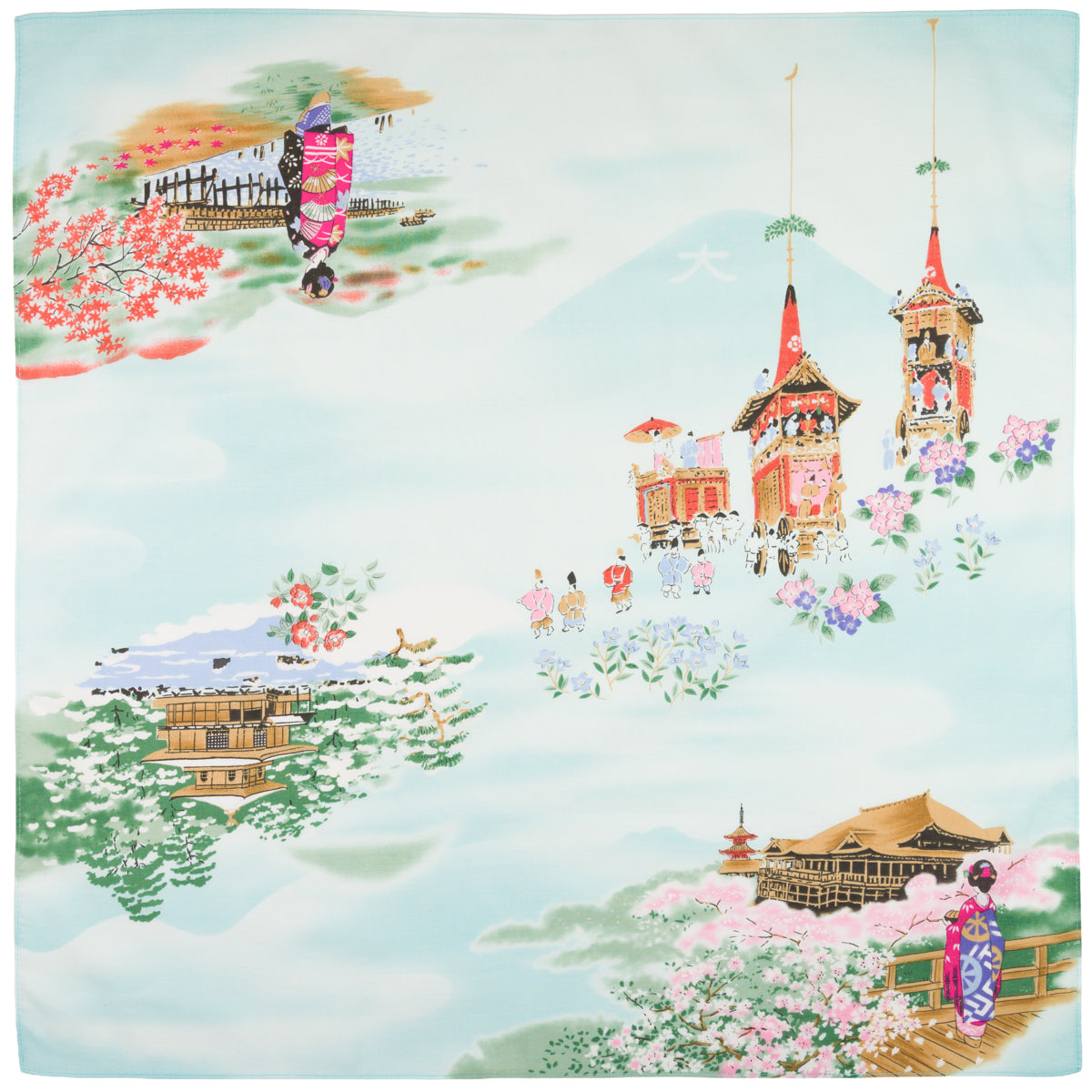 Kyoto Motif Cotton Handkerchief - Turquoise