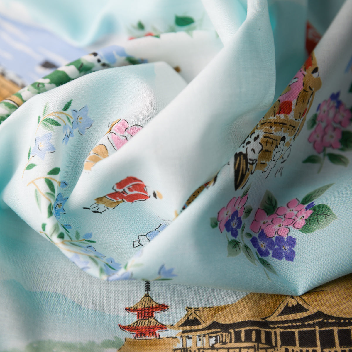 Kyoto Motif Cotton Handkerchief - Turquoise