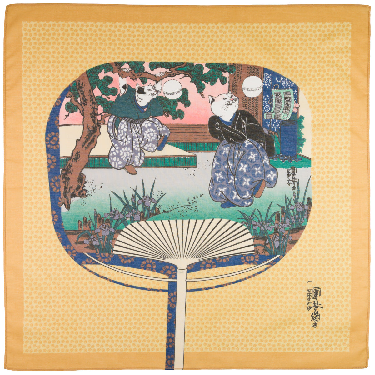 Ukiyo-e Motif Cotton Handkerchief - Ochre