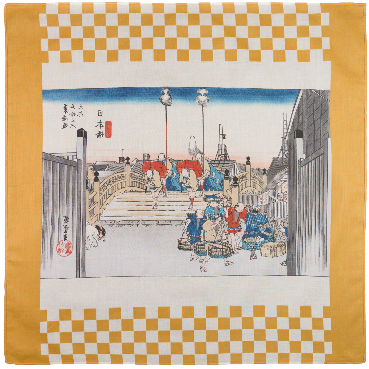 Ukiyo-e Motif Cotton Handkerchief - Gold