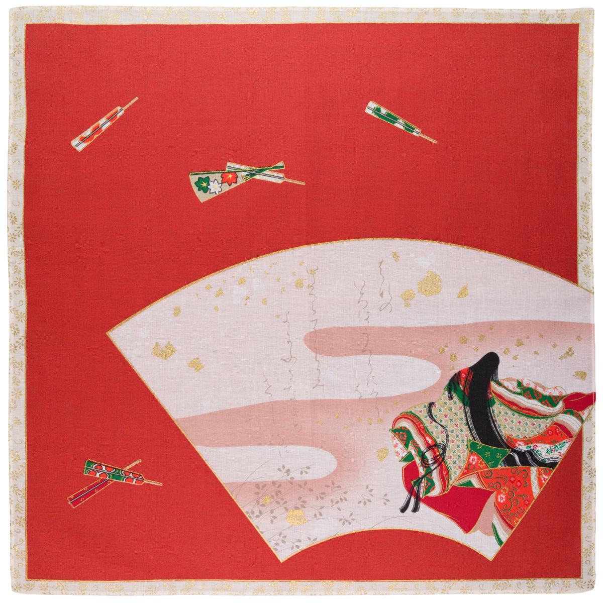 Ukiyo-e Motif Cotton Handkerchief - Red