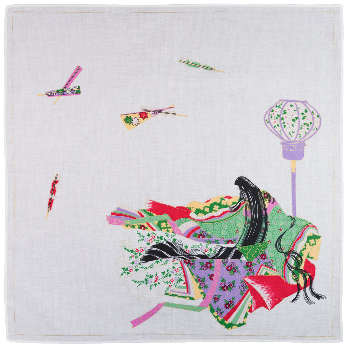 Ukiyo-e Motif Cotton Handkerchief - White