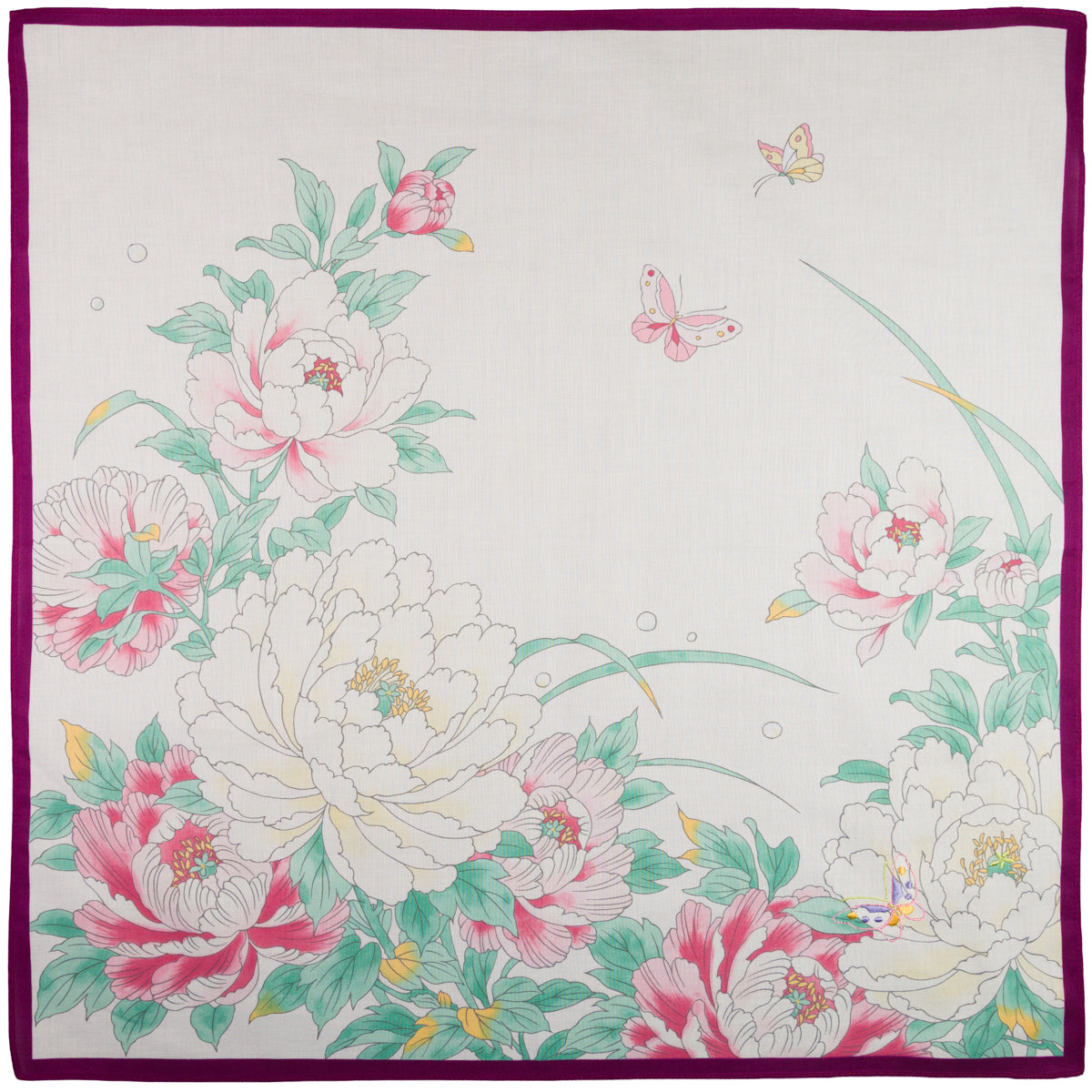Floral Motif Cotton Handkerchief - Cream / Purple
