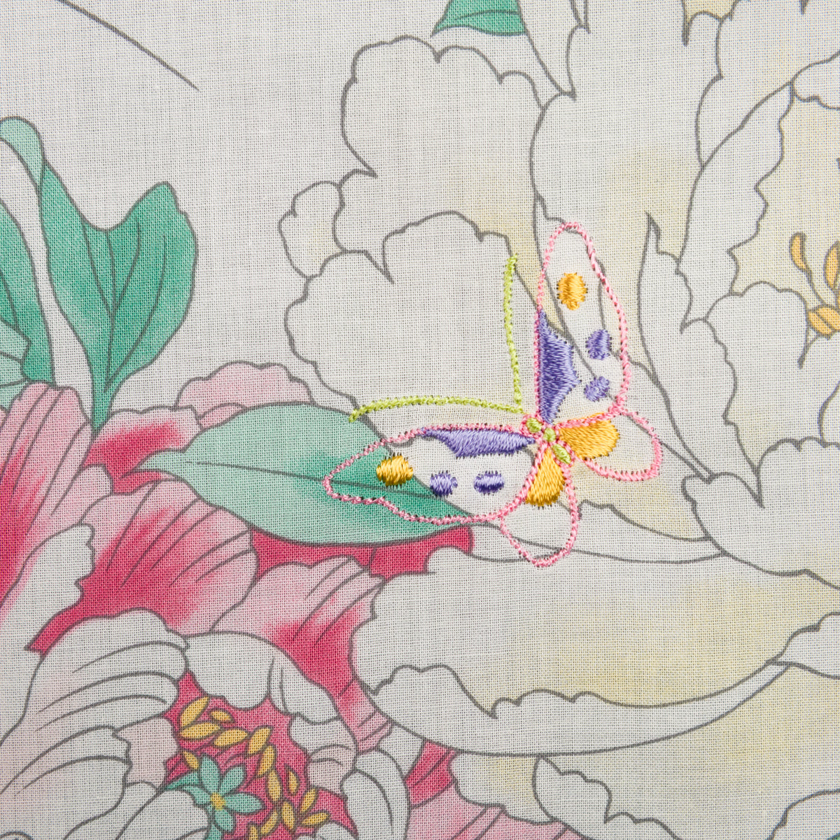 Floral Motif Cotton Handkerchief - Cream / Purple