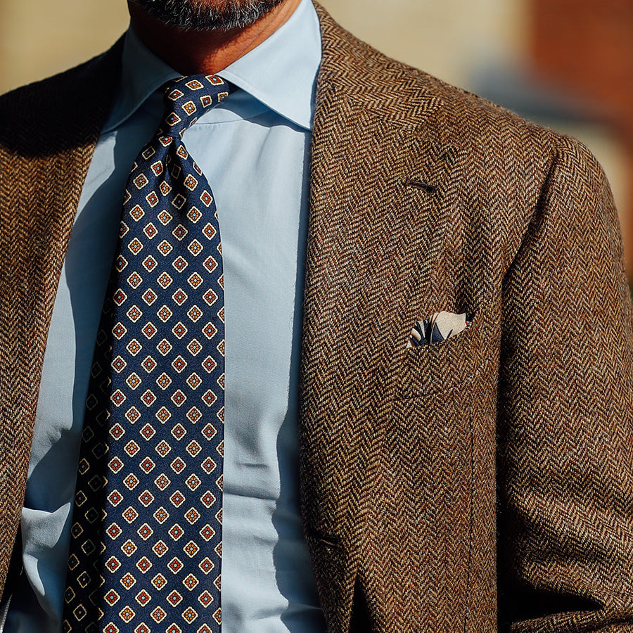 Floral Printed Silk Tie - Navy - Hand-Rolled