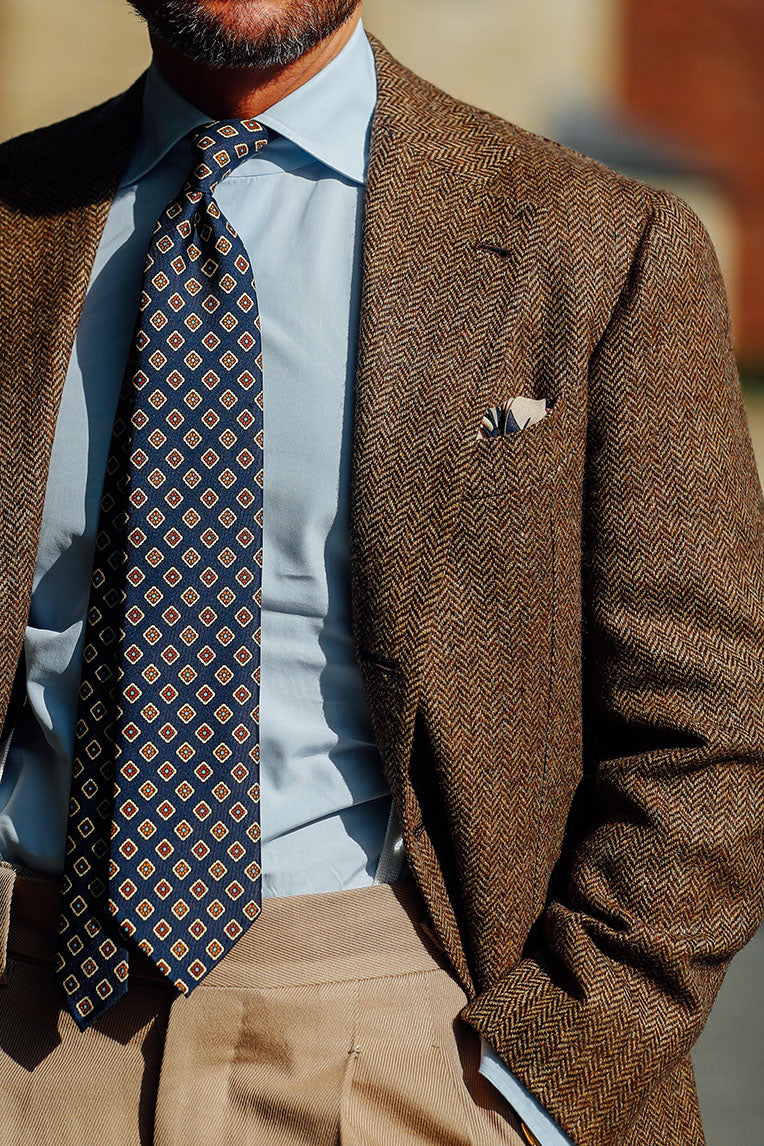 Floral Printed Silk Tie - Navy - Hand-Rolled