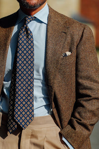 Floral Printed Silk Tie - Navy - Hand-Rolled