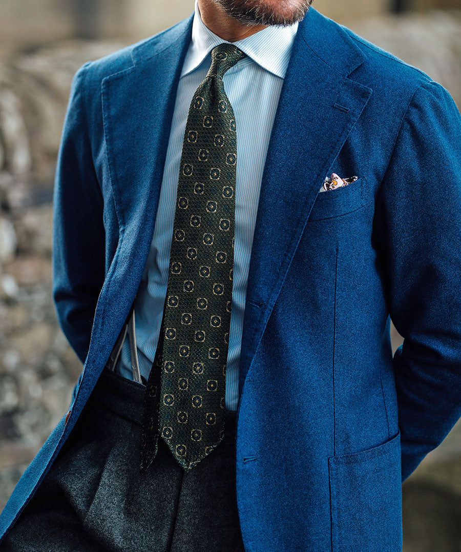 Printed Grossa Grenadine Silk Tie - Olive - Hand-Rolled