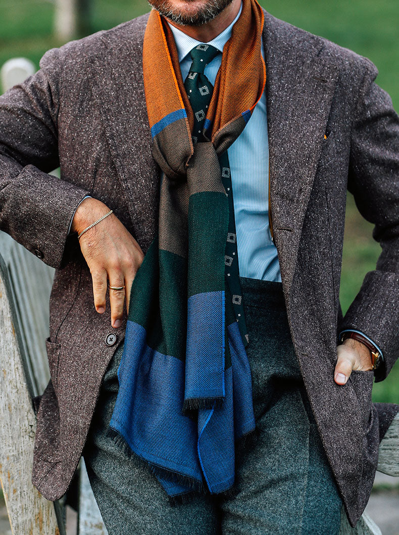 Striped Wool Scarf - Pumpkin / Hazelnut / Forest / Blue