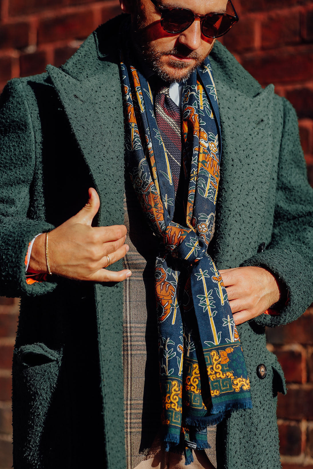 Tiger Printed Wool / Silk Scarf - Navy