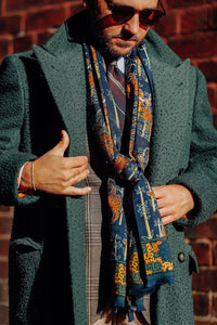 Tiger Printed Wool / Silk Scarf - Navy
