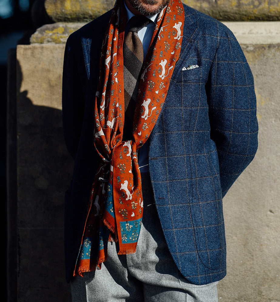 Animal Printed Wool / Silk Scarf - Rust