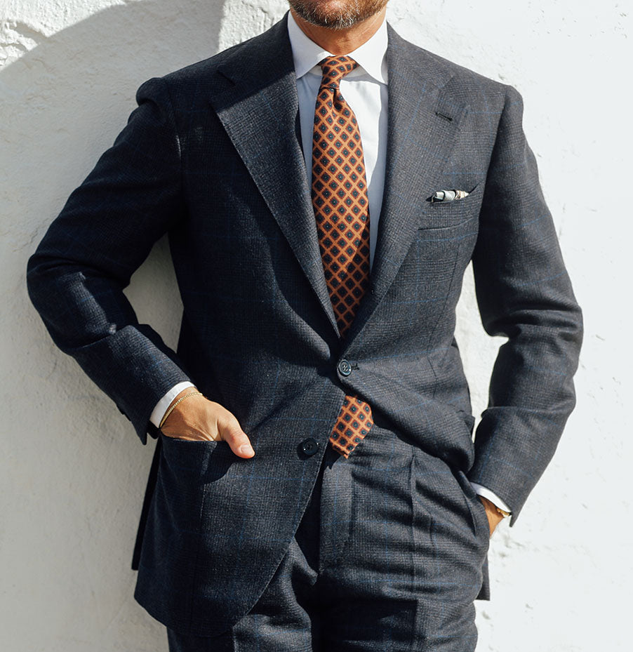 Floral Printed Wool Challis Tie - Beige - Hand-Rolled