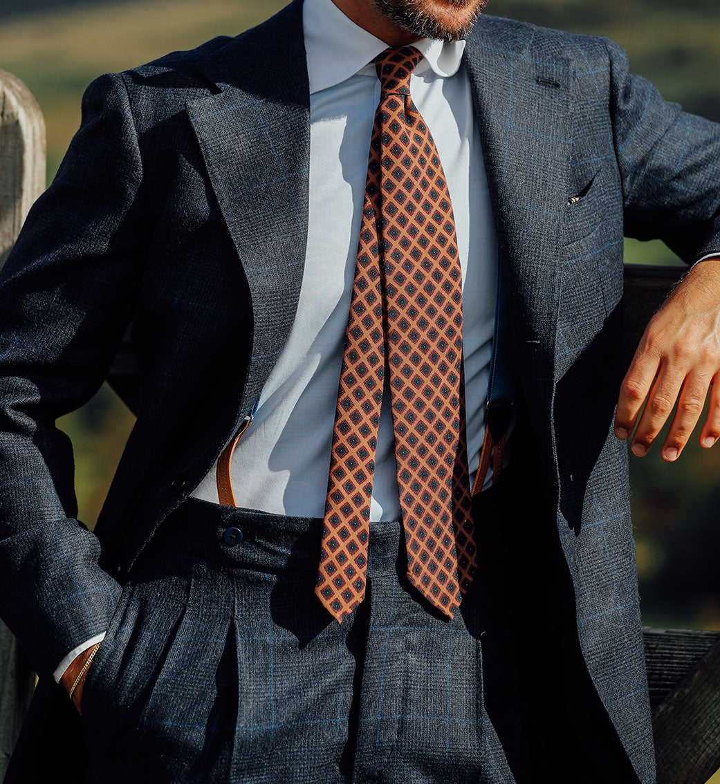 Floral Printed Wool Challis Tie - Beige - Hand-Rolled