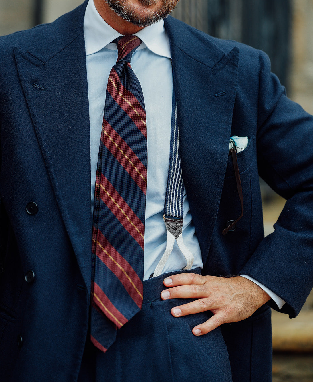 Repp Stripe Silk Tie - Navy / Burgundy / Gold