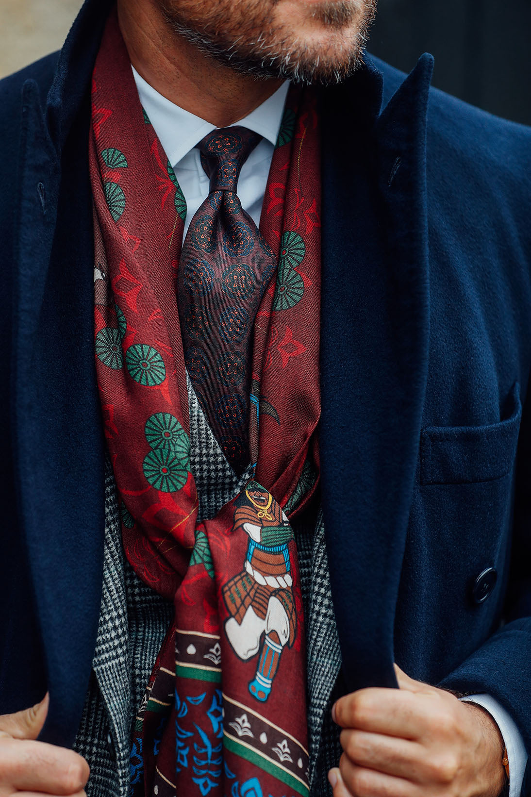 Samurai Printed Wool / Silk Scarf - Burgundy