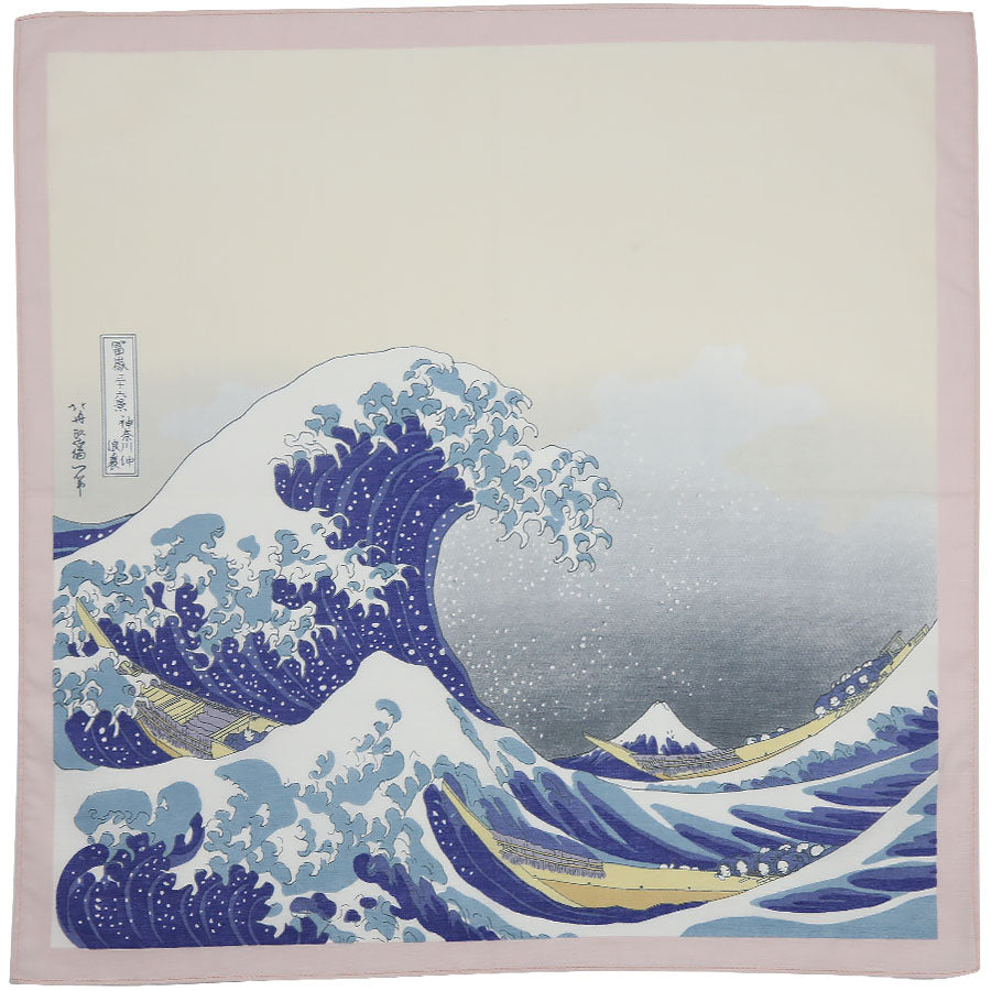 Ukiyo-e Motif Cotton Handkerchief - Pink / Blue