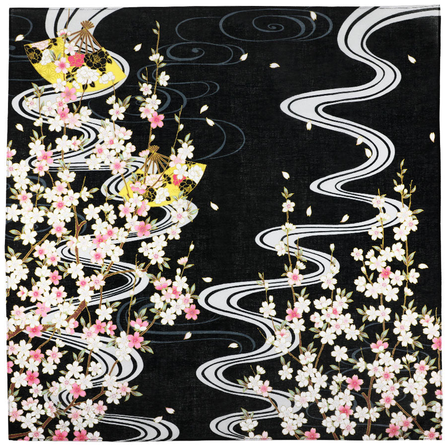 Kimono Motif Cotton Handkerchief - Black