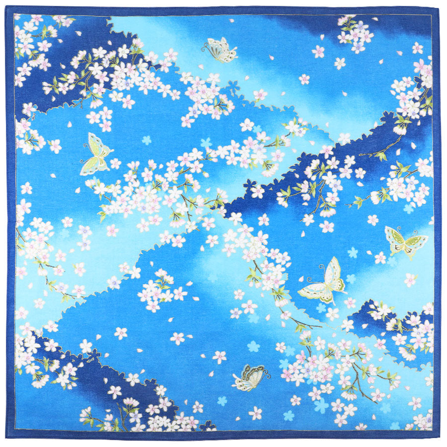 Floral Motif Cotton Handkerchief - Blue